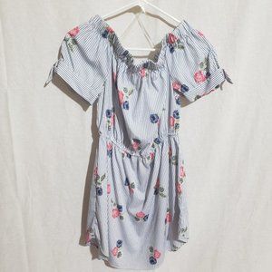 Short Sleeve Striped Floral Off Shoulder Blouse